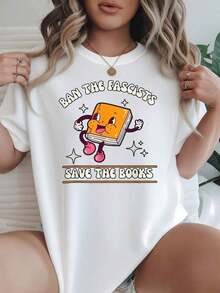Camiseta de mujer, corte holgado informal, opciones en blanco y negro, estampado gráfico 'Ban Fascists Save Books', camisetas de uso diario, tops de verano, camisetas gráficas, conjuntos de verano, camisetas cortas de mujer, tops de mujer, ropa vintage de algodón, ropa bonita para mujer, playeras de mujer. - Blanco - Ver 7