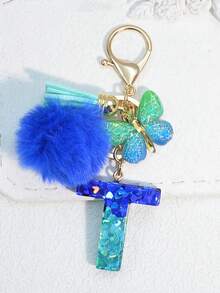 1pc Blue Heart Letter Keychain With Butterfly & Flower Decor, Women Bag Charm, Gift Keyring With Pom Pom - Royal Blue - View 16