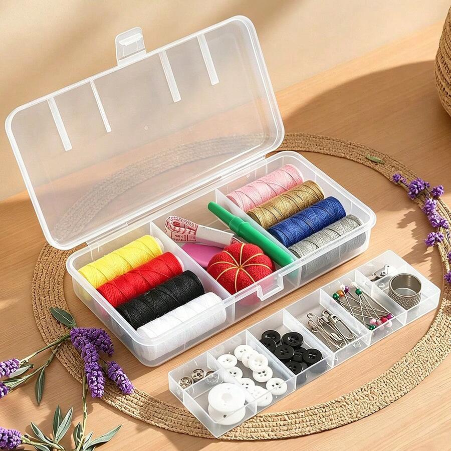 透明双面11格缝纫针线盒，带收纳盒和针线工具套装 - Transparent double-sided 11 grid sewing needle and thread box - 查看 1