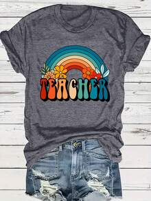 Camiseta de talla grande, manga corta, con estampado de ARCOÍRIS TEACHER, cuello redondo. - Gris Oscuro - Ver 5
