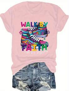 Camiseta Casual de Talla Grande para Mujer con Cuello Redondo y Estampado Colorido de Zapatillas Deportivas con la Frase "Walk by Faith", Manga Corta, Tela Ligeramente Elástica, Perfecta para Primavera y Verano - Rosa - Ver 6