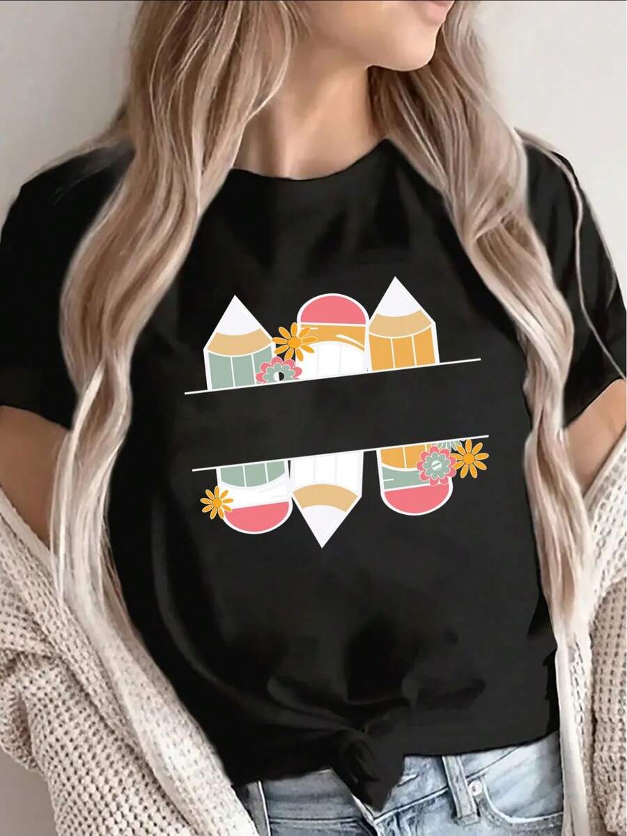Camiseta de manga corta con degradado - Top ligero y transpirable de poliéster con cuello redondo| Textura suave, duradera, adecuada para actividades casuales al aire libre y uso diario informal, camiseta degradada lavable a máquina. - Negro - Ver 1