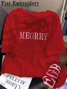 Camiseta ajustada casual de verano con bordado de letra para mujer - Rojo - Ver 3
