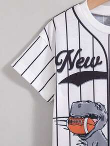 2pcs/Set Boys' Casual Striped Random Print Decor Drop Shoulder Short Sleeve Top And Elastic Waist Shorts, Spring/Summer - Black - View 5