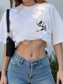 Camiseta de manga corta estilo casual Y2K para mujer 2026, con estampado de letras y diseño de niña ángel bebé, 180g de algodón puro, de alta calidad y fresca para el verano. - Blanco - Ver 2