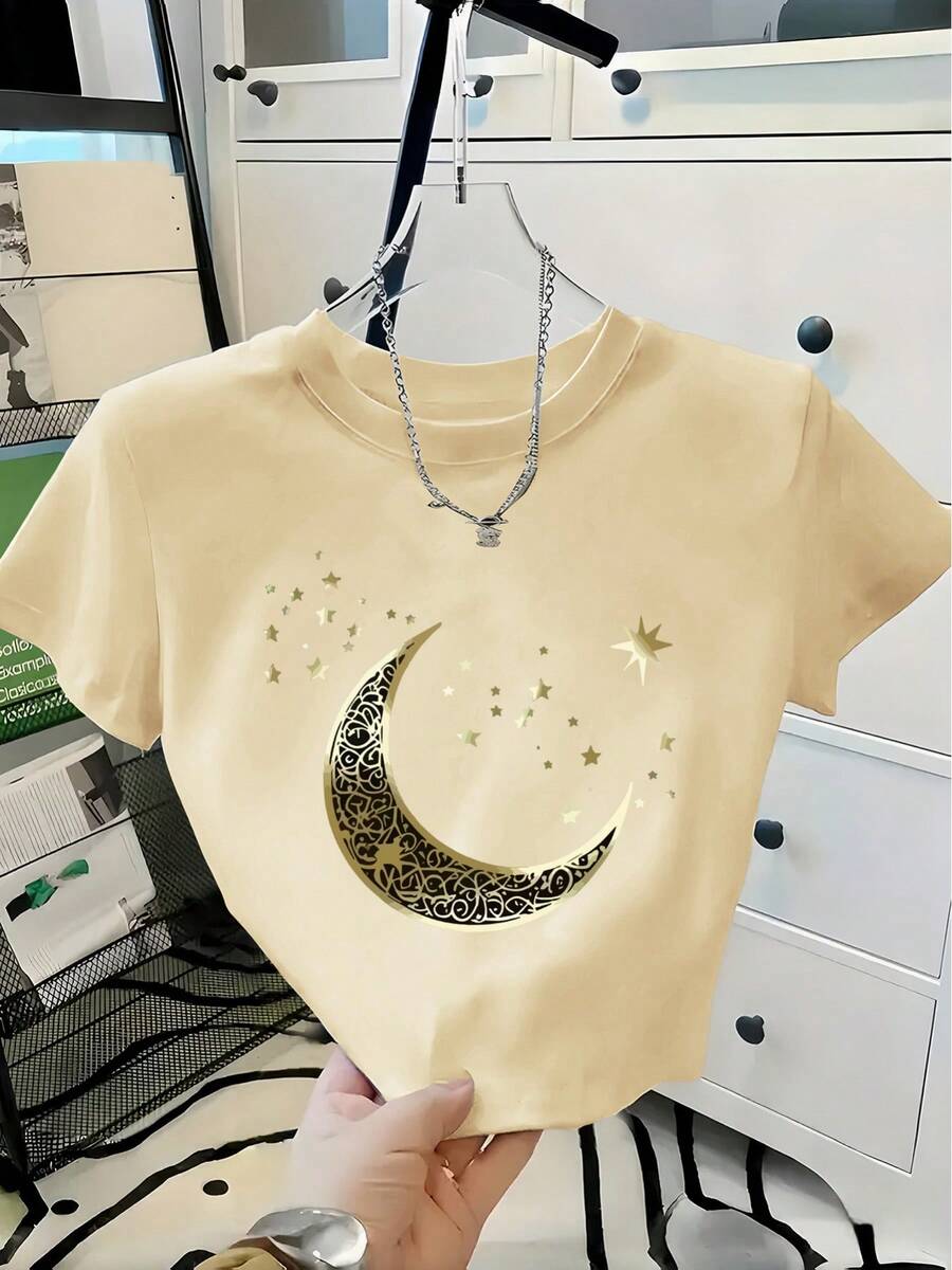 Women's Ultra-Short Moon Print Round Neck Short Sleeve T-Shirt, Modern Design - Unisex Urban Vintage Style Loose Fit Cotton T-Shirt With Round Neck And Short Sleeves. - 杏色 - 查看 1