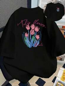 Under The Radar de camiseta casual de manga corta para mujer, estampado de ramo de tulipanes, romántica, mangas cortas suaves, paneles delanteros y traseros, estilo japonés y coreano, top holgado de cuello redondo, lavable a máquina, top de primavera/verano. 2026-Vintage Street Style Unisex Loose Cotton Short Sleeve Crew Neck T-Shirt - Negro - Ver 6