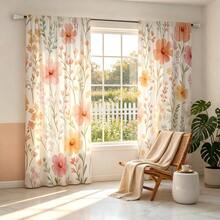 2 Stücke Aquarell Blumen Vorhänge mit orangefarbenen, rosa und gelben Blumen und grünen Ranken, 2D Flachdruck, botanisches Thema, transparente Sommerdekoration, geeignet für Wohnzimmer, Schlafzimmer, Küchen und Esszimmer. - Verschiedenfarbig - Übersicht 7