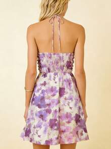 Women's Floral Halter Neck Mini Dress Ruched Backless A-Line Maternity Party Dress With Adjustable Self-Tie - Morado - Ver 7