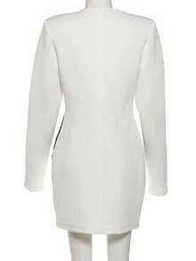 Vestido corto ajustado con cuello en V encaje combinado contraste de color estilo atractivo - Blanco - Ver 7