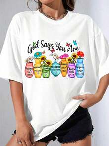 Camiseta negra y blanca para niña, camiseta holgada para mujer, diseño floral con la frase "Dios dice que eres", jarrones con versículos bíblicos y mariposas, diseño religioso inspirador para uso casual y atuendos religiosos, ideal para fiestas al aire libre, camiseta estampada casual de 180g. - Blanco - Ver 7