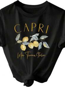 Camiseta de verano para mujer con estampado de frutas y limones, cuello redondo, manga corta, estilo casual. - Negro - Ver 8