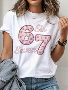 Camiseta de Mujer - Camiseta Divertida con Estampado Digital de Meme "Six Seven 6 7" - Blusa Casual de Invierno para Mujer - La Opción de Regalo Perfecta - Camiseta Elegante de Cuello Redondo para Mujer, Ideal para Atuendos Diarios en Primavera y Verano, Regalo Considerado para Cualquier Ocasión - Blanco - Ver 1