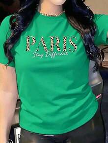 Casual Black T-Shirt With PARIS And Leopard Print, Fashionable And French Style T-Shirt, Animal Print Texture Blouse "Stay Different", Chic Parisian Oversized Tops Gift Must-Have - 綠色 - 查看 7