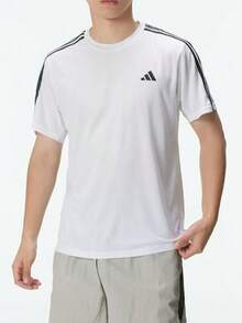 adidas 3-Stripes 三條紋拼色印花圓領短袖T卹 男款 白色 - 白色 - 查看 1