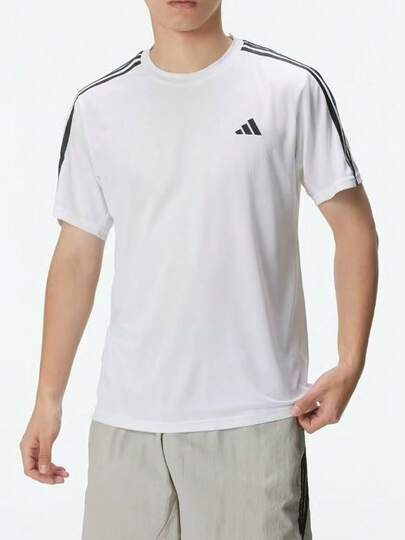  adidas 3-Stripes 三條紋拼色印花圓領短袖T卹 男款 白色