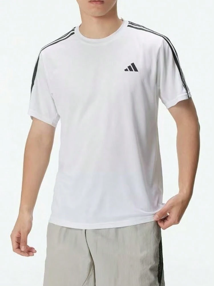 adidas 3-Stripes 三條紋拼色印花圓領短袖T卹 男款 白色 - 白色 - 查看 1