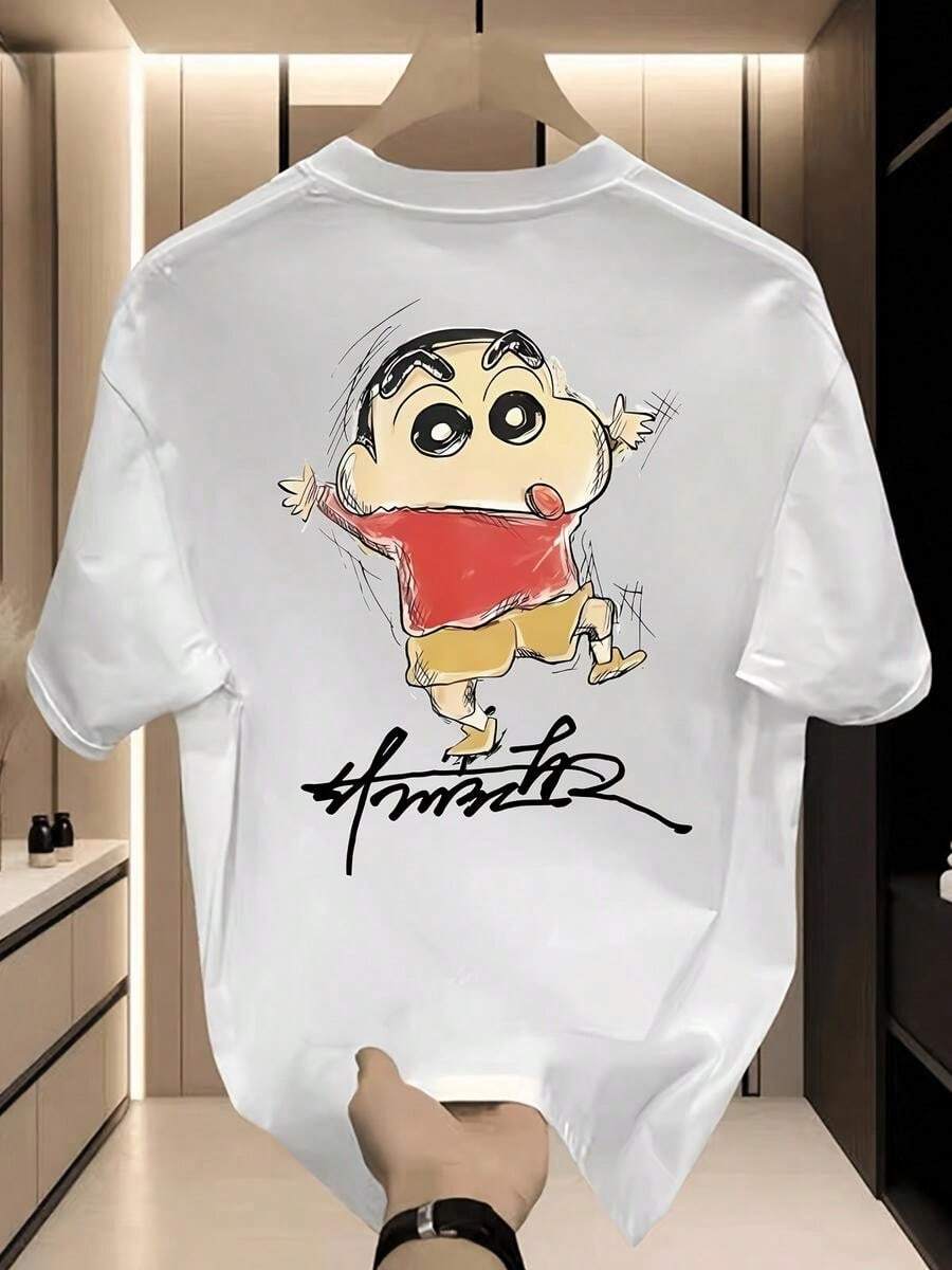 Camiseta de manga corta para hombre con estampado de dibujos animados de Shin Chan, dise? en un estilo anime moderno. Es transpirable y cómoda, perfecta para el uso diario. Esta camiseta de verano - Blanco - Ver 1