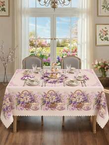 Floral Printed Tablecloth. Polyester Rectangular, Circular, And Oval Tablecloths With Shell Lace Design, Quick Drying, Washable, Suitable For Daily Use, Summer Kitchen Decoration, Wedding Banquets, Outdoor Gardens, Wedding Decorations, Kitchen Dining Rooms, And Seasonal Home Decor. - Multicolor - View 4