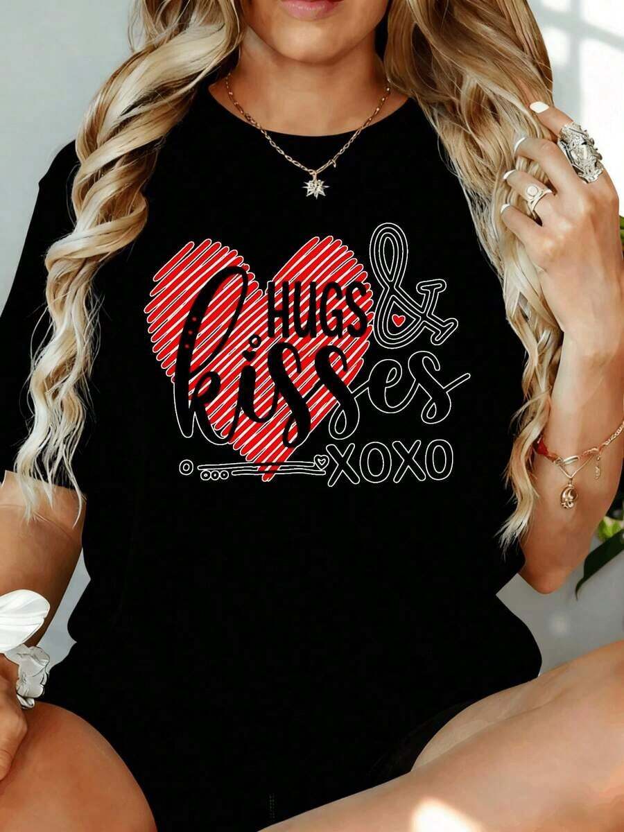 Camiseta Holgada para Mujer con Estampado de Corazón de San Valentín "Abrazos y Besos Xoxo", 180g, para Ocio en Casa o al Aire Libre, Regalo para Fiesta de San Valentín - Negro - Ver 1
