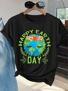 Women's Short-Sleeved T-Shirt With An Earth Print, Crew Neck, Machine Washable, Soft To The Touch, Breathable, Suitable For Spring, Summer, And Autumn. Friendly, Unique, Casual, For Everyday Wear, Easy To Match, Women's Top, Sizes S-XXL. Suitable For Many Occasions, Such As Charity Events, Nature Excursions, Etc. Unisex Loose-Fitting Cotton Short-Sleeved Crew Neck T-Shirt With An Urban Vintage Style - 黑色 - 查看 11