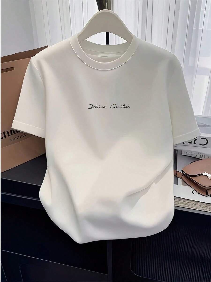 Camiseta de manga corta para mujer, corte regular, primavera/verano, cuello redondo simple, moderna, holgada, versátil, informal, con estampado de letras, para uso diario casual de verano. - Blanco - Ver 1