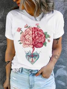 A Fun Heart-Shaped Printed T-Shirt Featuring A Floral Design Of The Human Brain. - White - View 1