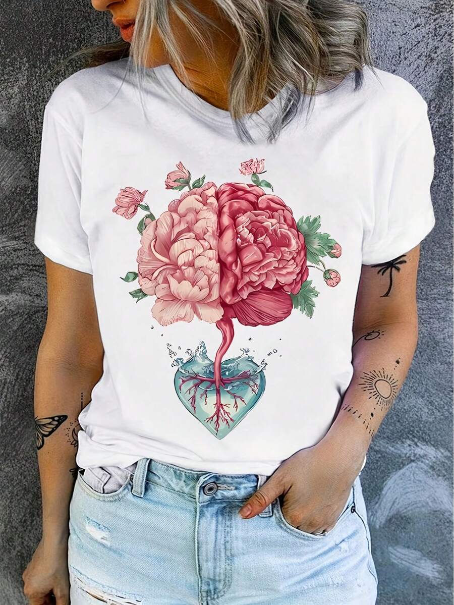 A Fun Heart-Shaped Printed T-Shirt Featuring A Floral Design Of The Human Brain. - White - View 1