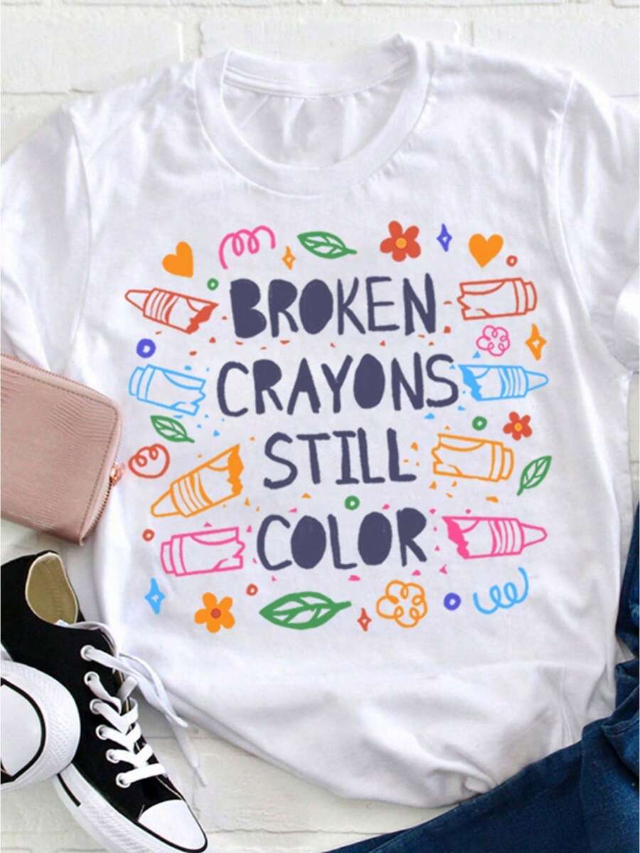 Camiseta Blanca para Mujer 100% con Diseño Divertido de Manchas de Crayón - Diseño Artístico de Inspiración para Colorear Digitalmente, Patrón de Crayón y Corazón, Ropa Casual Cómoda para Uso Diario, Regalo para Maestras, Atuendo para Fiestas - Blanco - Ver 1
