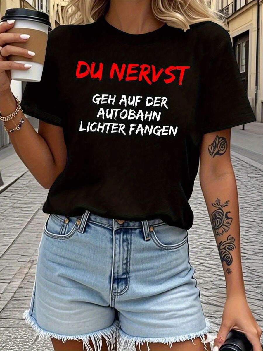 Camiseta Casual de Manga Corta y Cuello Redondo para Mujer con Estampado de Texto Divertido, Primavera-Verano, para Salidas Diarias - Negro - Ver 1
