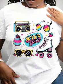 Women's Retro Graphic T-Shirt With Roller Skates And Boombox Design - Soft, Breathable, Loose Fit, Short Sleeve, Crew Neck - Vibrant Cartoon Print, Casual For Spring And Summer - 白色 - 查看 6