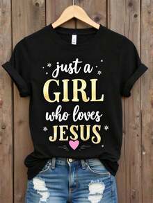 Women's Christian Faith T-Shirt | Just A Who Loves, Casual Crew Neck Short Sleeve T-Shirt, Gold And Pink Heart Print Inspired By Verses With Stars, Religious Gift For Church Events And Christmas, Pink/Purple. - 黑色 - 查看 1