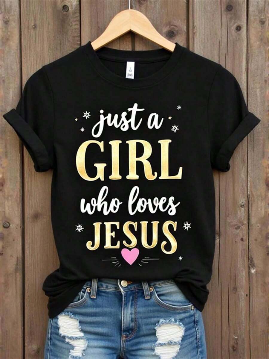 Women's Christian Faith T-Shirt | Just A Who Loves, Casual Crew Neck Short Sleeve T-Shirt, Gold And Pink Heart Print Inspired By Verses With Stars, Religious Gift For Church Events And Christmas, Pink/Purple. - 黑色 - 查看 1