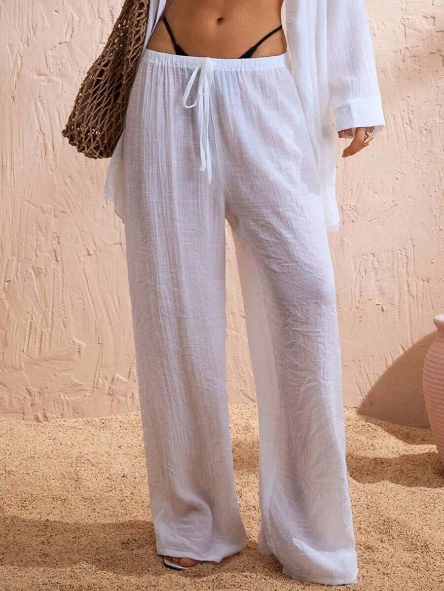 Pantalones anchos de verano para mujer con cintura anudada y unicolor - Blanco - Ver 1