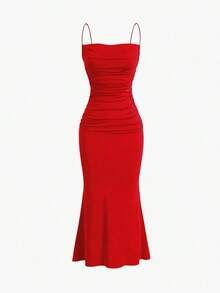 YHHSweetra Vestido casual de vacaciones de unicolor con tirantes de espagueti, fruncido y ajustado, para fiestas de Año Nuevo y vacaciones, vestido largo de terciopelo burdeos para mujerYHH - Rojo - Ver 1