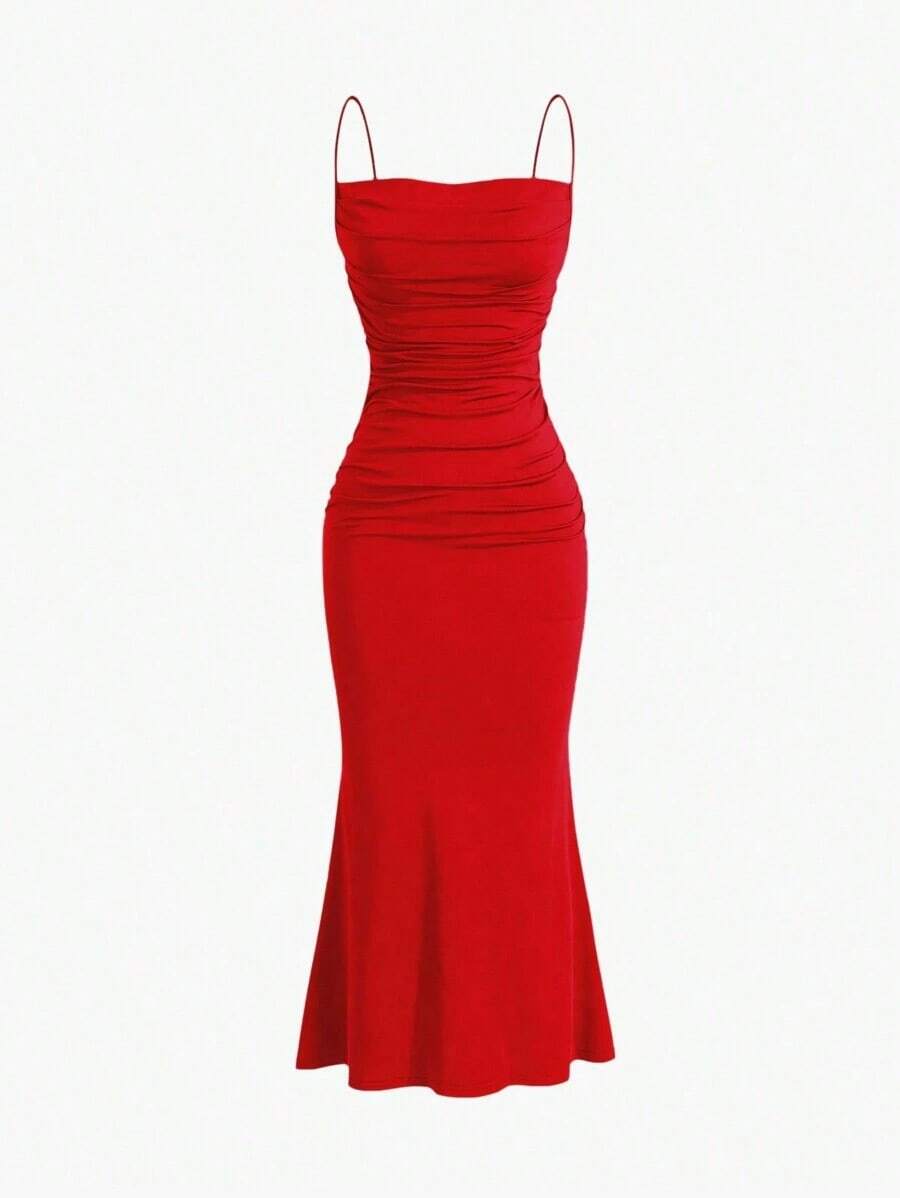 YHHSweetra Vestido casual de vacaciones de unicolor con tirantes de espagueti, fruncido y ajustado, para fiestas de Año Nuevo y vacaciones, vestido largo de terciopelo burdeos para mujerYHH - Rojo - Ver 1