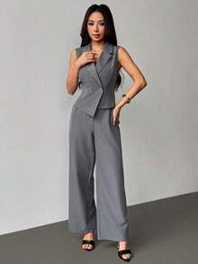 de 2 piezas de ropa de otoño, top sin mangas y pantalones de unicolor para mujer - Gris 2 - Ver 8