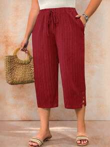 Pantalones casuales sueltos para mujer de talla grande, de unicolor, con cintura elástica y cordón - Rojo - Ver 3
