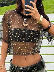 Top de malla negra de manga corta para mujer - Negro - Ver 11