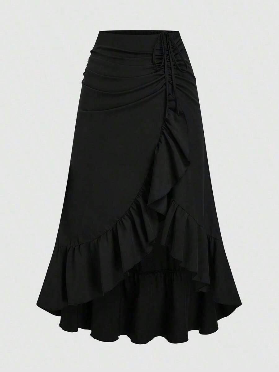 Falda con volantes con cintura ajustable en forma de V, estilo vintage, color vino tinto, apta para primavera/verano, adecuada para el Día de San Valentín, fiestas, estilo bohemio - Negro - Ver 1