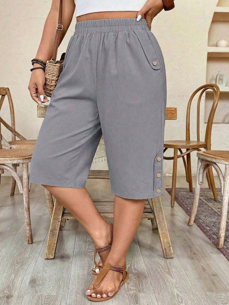 Pantalones cortos casuales y versátiles de talla grande para mujer, de unicolor, con cintura elástica y bolsillos - Gris - Ver 1