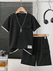 2pcs/Set Boys' Casual Waffle Crew Neck Short Sleeve T-Shirt + Leisure Cargo Shorts, Comfortable & Fashionable Summer Outfit For Boys - Black - View 1