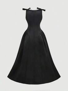 Vestido color albaricoque con cuello redondo, sin mangas, con ribete de contraste, lazo decorativo en la cintura y bajo acampanado - Negro 2 - Ver 2