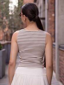 Camiseta de tirantes ajustada a rayas para mujer, ropa de verano y otoño para mujer, ropa de invierno para mujer, disfraces de Halloween, top marrón, top a rayas - Multicolor - Ver 2
