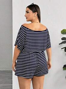 Rompers para mujeres de talla grande, mono informal de rayas, vestidos de verano para mujer, traje de una pieza, mono corto, para dama - Azul marino - Ver 3
