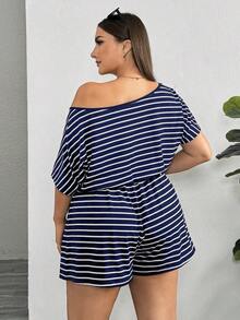 Rompers para mujeres de talla grande, mono informal de rayas, vestidos de verano para mujer, traje de una pieza, mono corto, para dama - Azul y blanco - Ver 2
