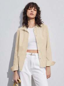 de mujer de manga larga con cuello vuelto, estilo urbano básico para ir al trabajo, conjunto de negocios casual elegante y minimalista, adecuado para maestras y oficina, otoño - Albaricoque - Ver 2