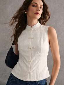 de mujer de estilo chino casual de verano con cuello de cheongsam, botones y textura de unicolor - Blanco - Ver 5
