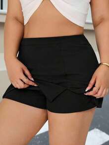 Minifalda de unicolor negro minimalista con diseño de falda pantalón para mujer talla grande, ropa casual de uso diario para invierno - Negro - Ver 3