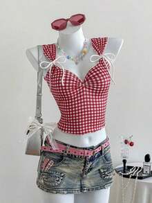 Top a cuadros sin mangas para mujeres con escote de corazón y nudo delantero - Rojo - Ver 7